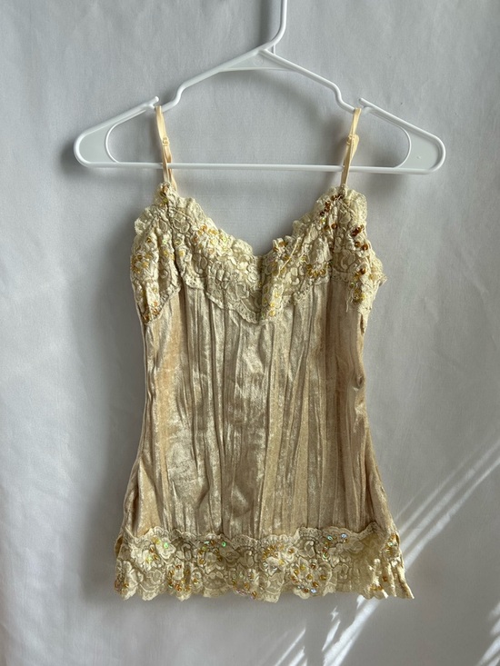 rave Tops - Vintage Rave Y2K Gold Beaded Lace felt sequin Cami Top